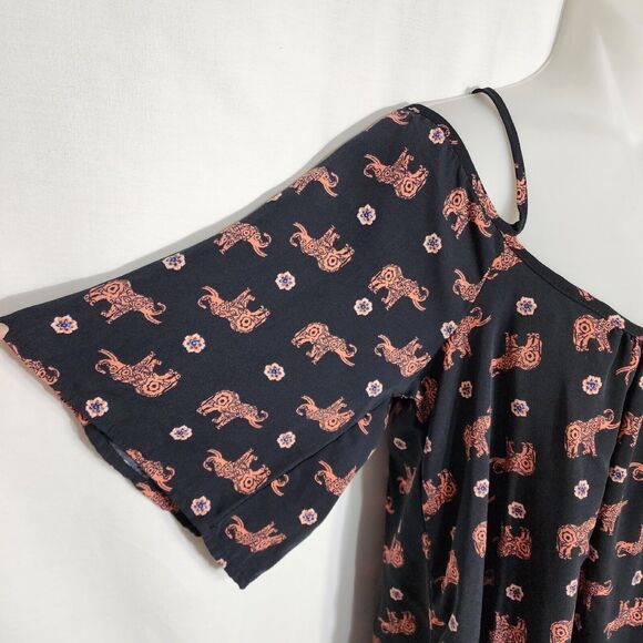 Rue 21 Women Mini Dress Medium Cold Shoulder Elephant Black Pink Spaghetti Strap - Picture 6 of 10